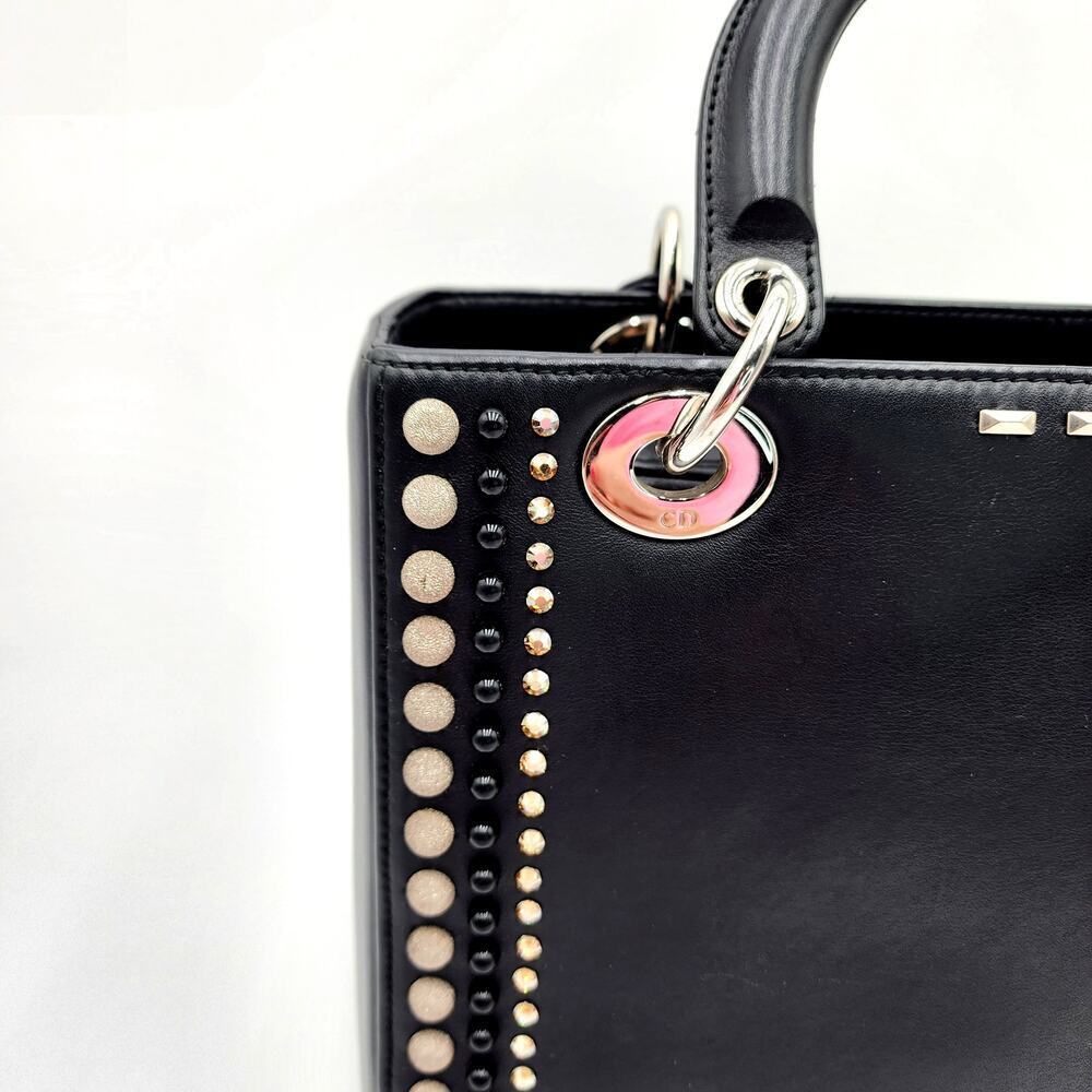 CHRISTIAN DIOR Black Leather Studs Embellished Medium Lady Dior Tote RARE - Picture 4 of 17